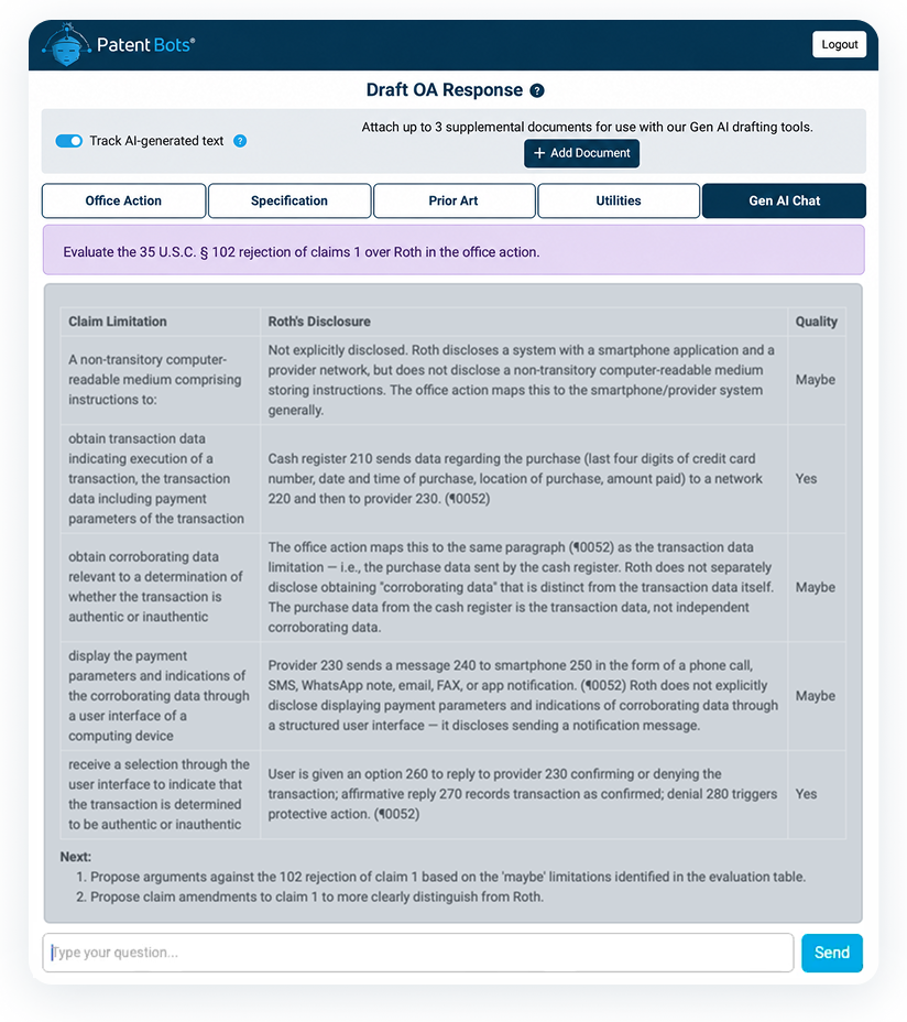 Draft OA Response in the Patent Bots Word add-in